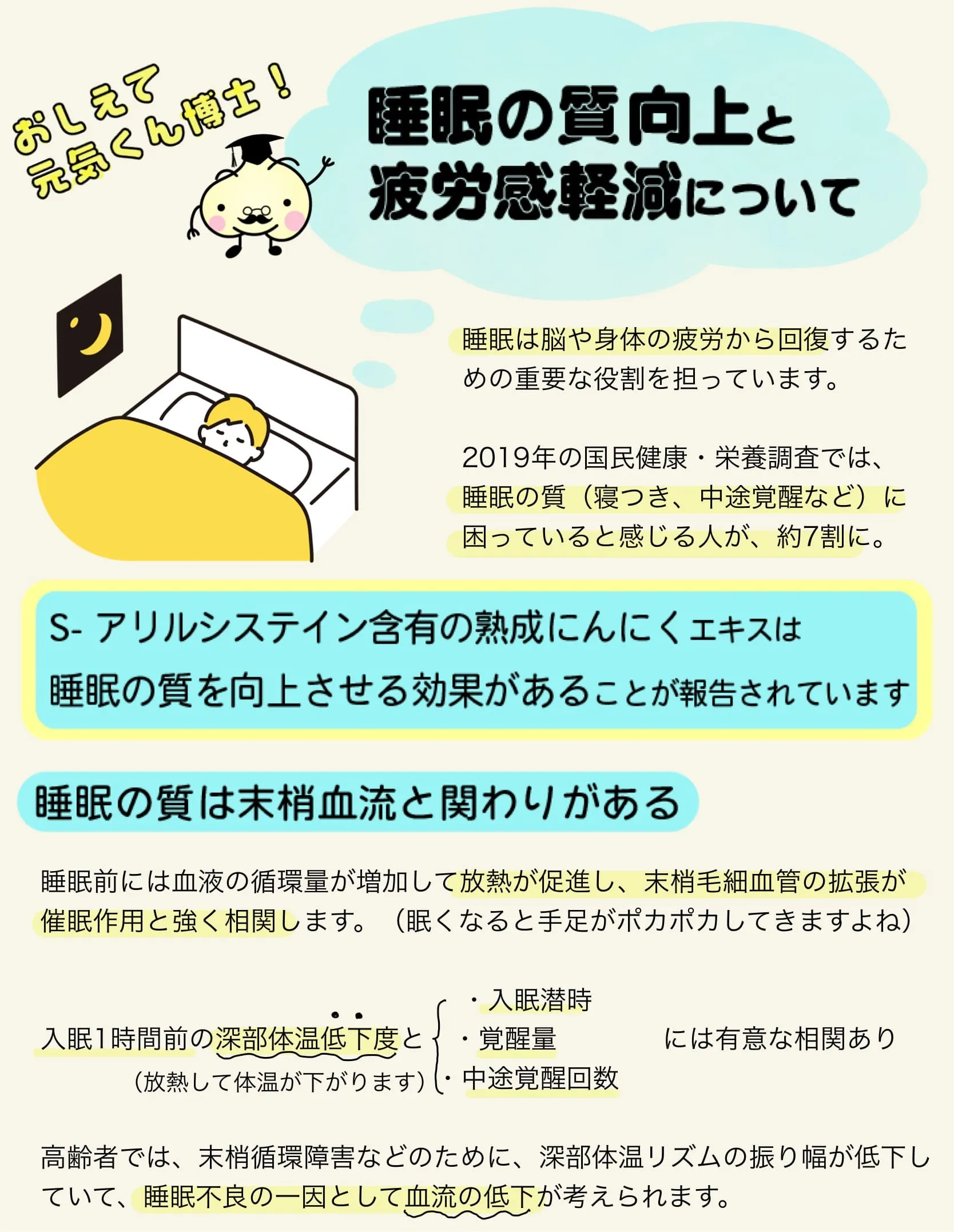 S-アリルシステイン含有の熟成にんにくエキスは睡眠の質を向上させる効果があることが報告されています